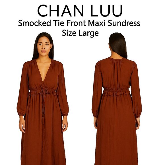 Chan Luu Bohemian Brown Smocked Waist Tie Front Maxi Dress Size Large - Picture 1 of 12